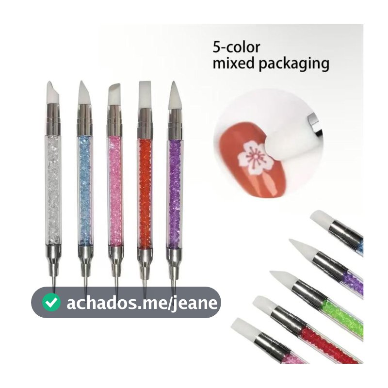 Kit 5 Pincéis Silicone 2 em 1 Ponta Dupla Unhas 3D Nail Art Profissional Manicure