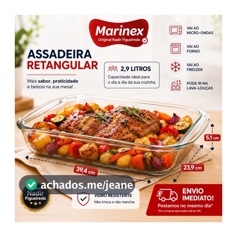 Forma Assadeira Travessa Lasanheira Retangular 2.9L Marinex Pirex Vidro Temperado Resistente