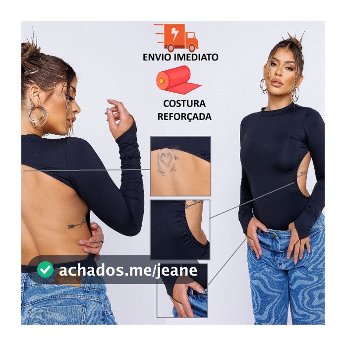CroquiChic Body Feminino Manga Longa com Costas Abertas Suplex Sem Bojo e Costura Reforçada