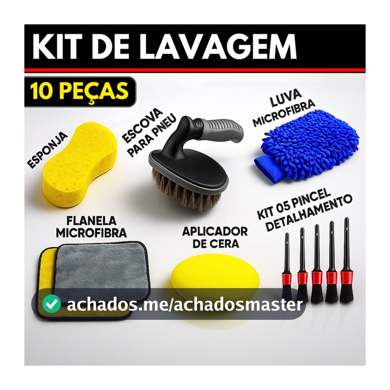 Kit 10 Peças Lavagem Automotiva Esponja + Escova de Pneu + Flanela + Aplicador de Cera + Luva Microfibra + Kit Pincel
