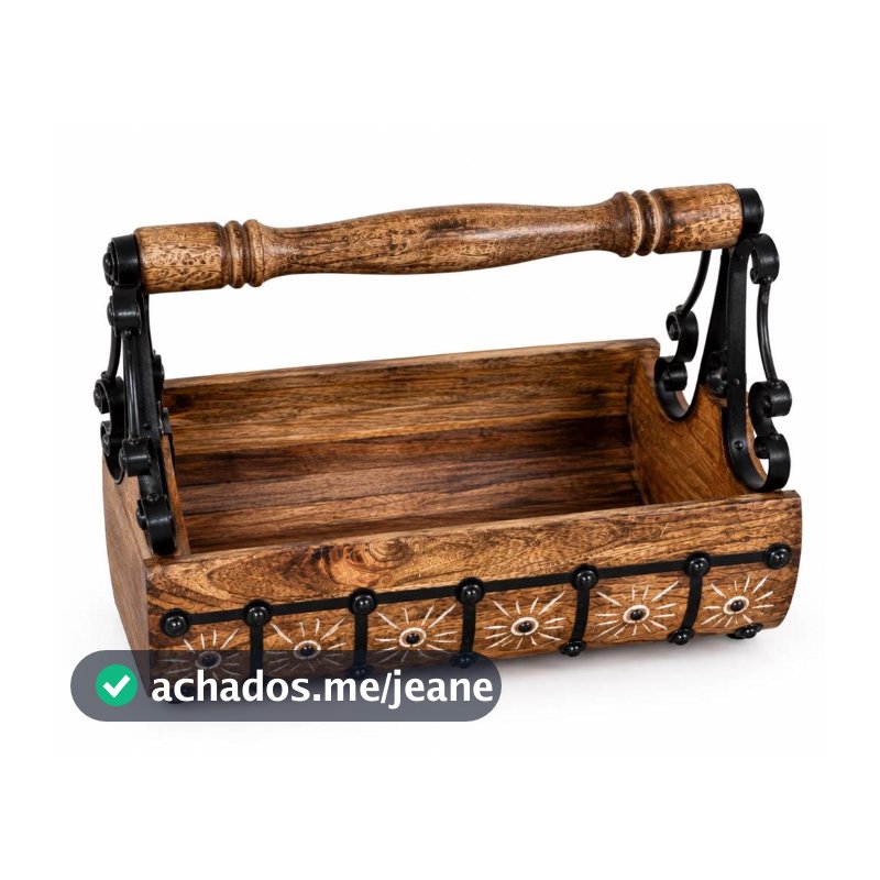 Cesto Fruteira de Mesa / Organizador em Madeira e Ferro com Alça
