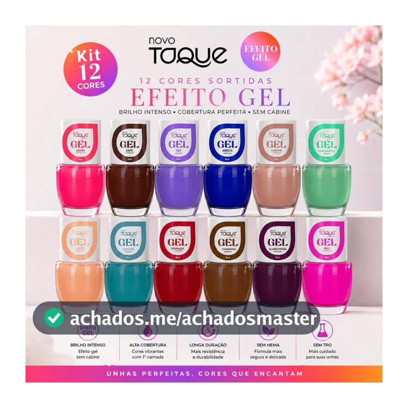 Esmalte Efeito Gel Novo Toque Kit 12 Cores Tons Variados Seca Sem Cabine Manicure Pedicure Lançamento