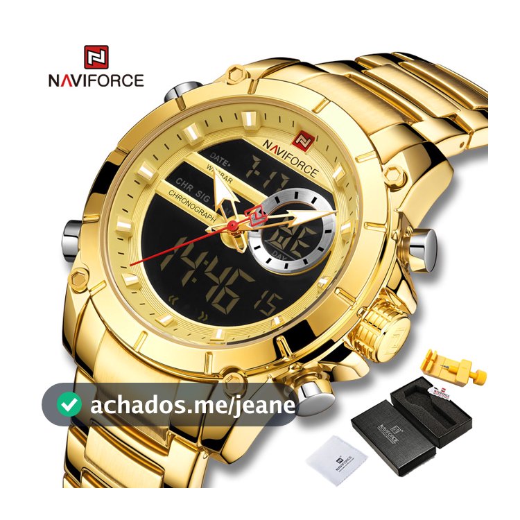 Relógio De Pulso NAVIFORCE 9163 Gold Waterproof Digital Análogo De Moda Homem Dual-Display
