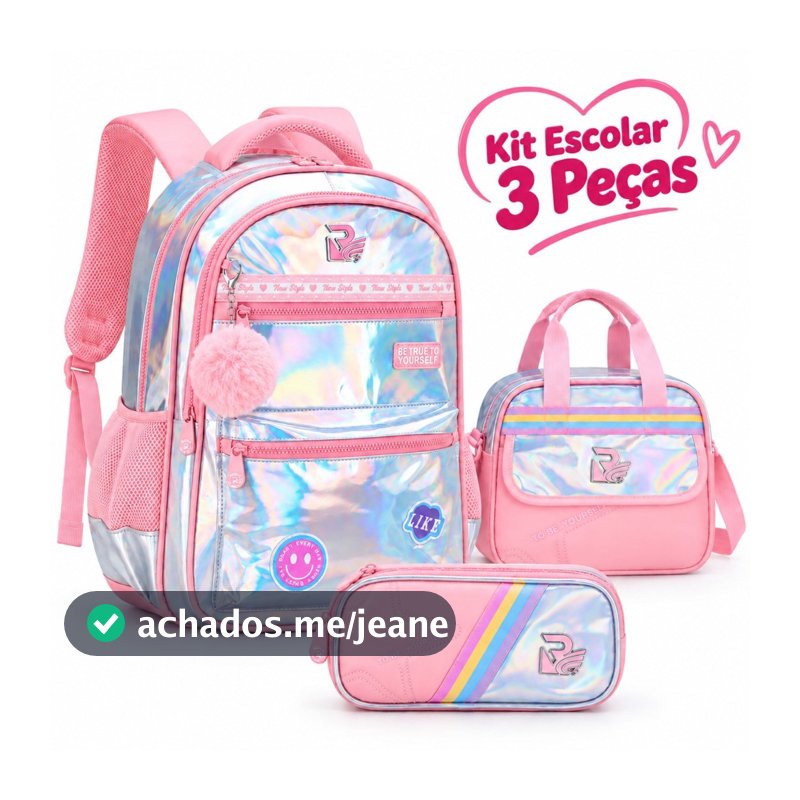 Kit Mochila Escolar Infantil Feminina 3 Peças Holográfica com Lancheira Estojo Pompom para Escola Passeios e Viagens