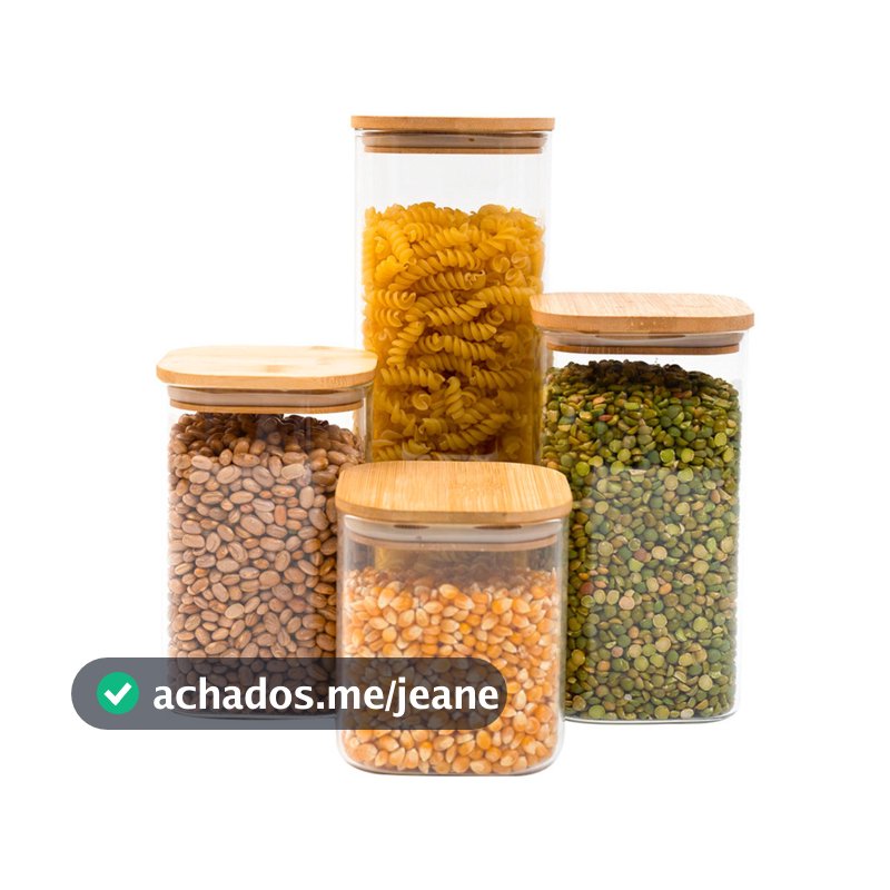 Kit 4 potes de vidro tampa de bambu herméticos quadrados - Tüd