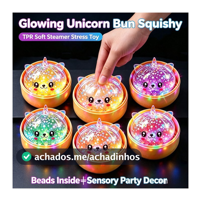 LED Glitter Estrela Grânulo Unicórnio Bun Brinquedo Mole Completo Com Simulação Cesta De Vapor Bonito Brilhante Decoraçã