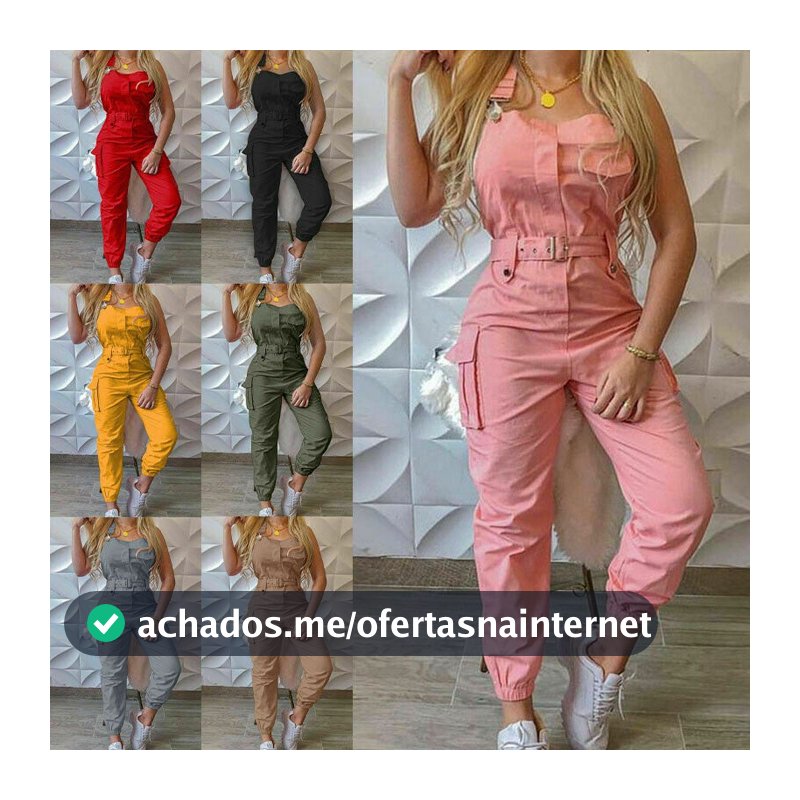 Macacão macaquinho jardineira de carga longo feminino com bolsos no cinto e alça de ombro amarrada no tornozelo