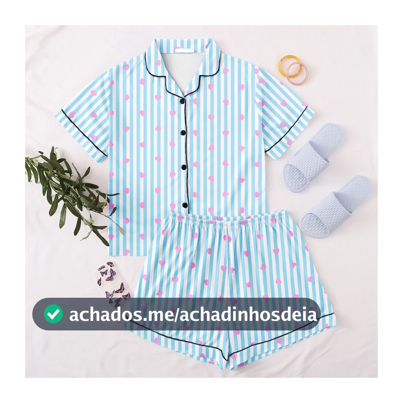 Pijama de Botão Americano Feminino Blogueira Estiloso Temático Meia Manga Short Doll Fofo