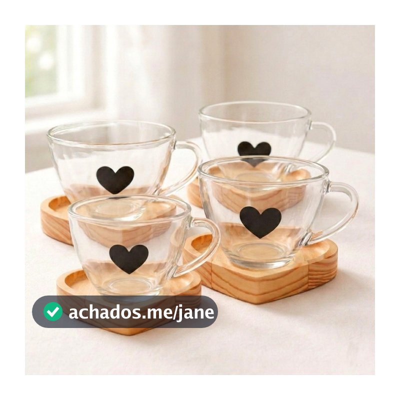 Jogo Xícaras de Vidro Café Chá com Pires Madeira Coração Cantinho do Café Minimalista