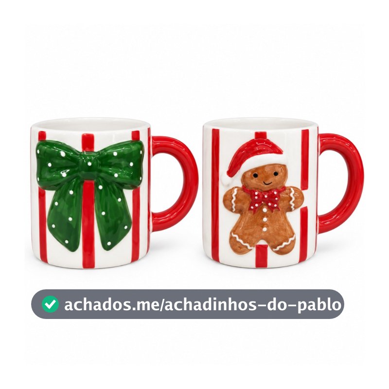 Caneca Natalina Cerâmica 13cm Laço ou Biscoito Gingerbread Decoração Natal Xícara Café Chá Bebidas