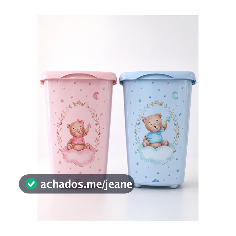 Cesto De Roupas Bebe Menina e Menino Ursinho Rosa Azul Cesto Com Tampa 38 Litros Organizador
