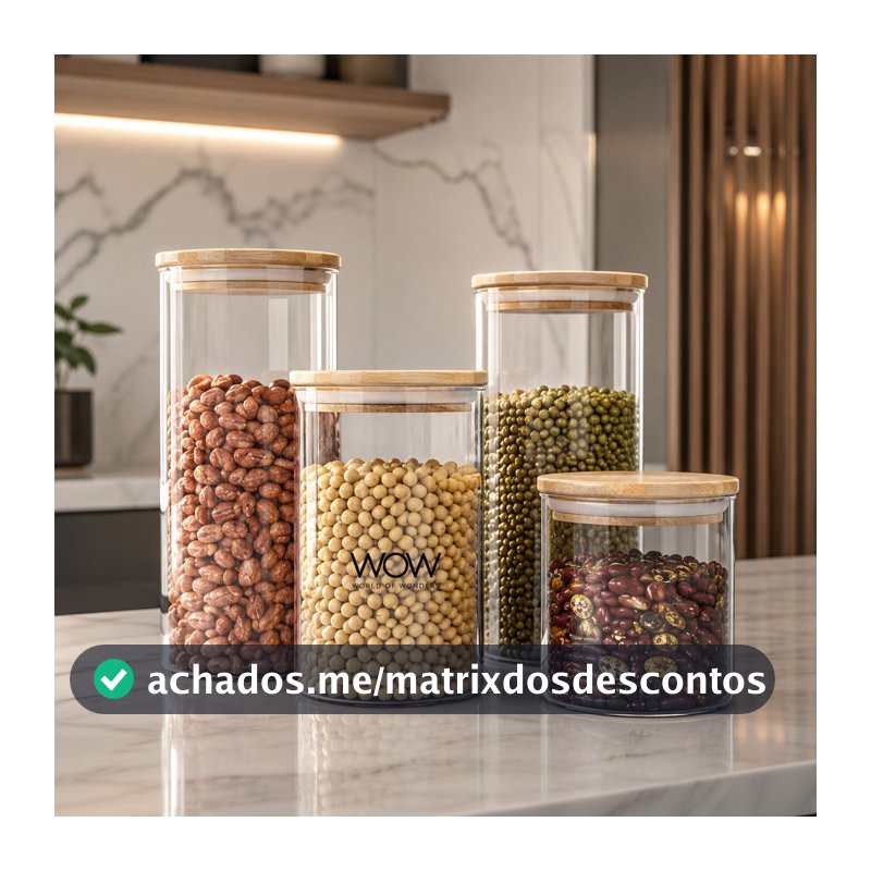 Kit 4 Potes Herméticos Tampa Bambu Organizador Mantimentos Cozinha
