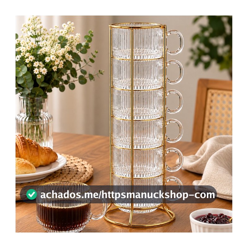 Jogo 6 Xícaras de Café 90ml de Cristal Graffiato com Borda Dourada e Suporte