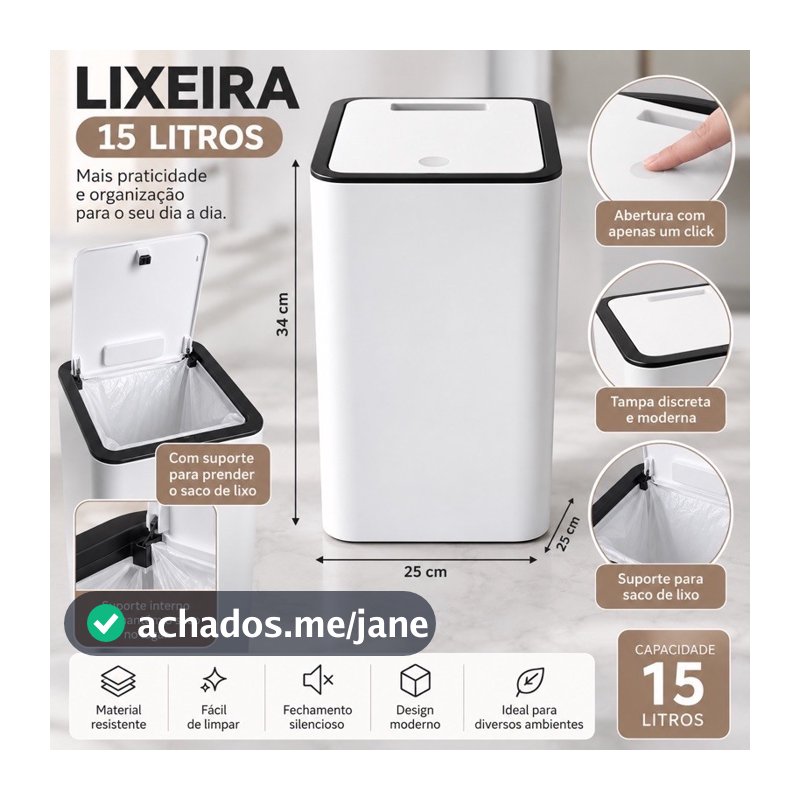 Lixeira Inteligente 15 Litros Cesto Multiuso com Tampa Click Cozinha Banheiro Escritório
