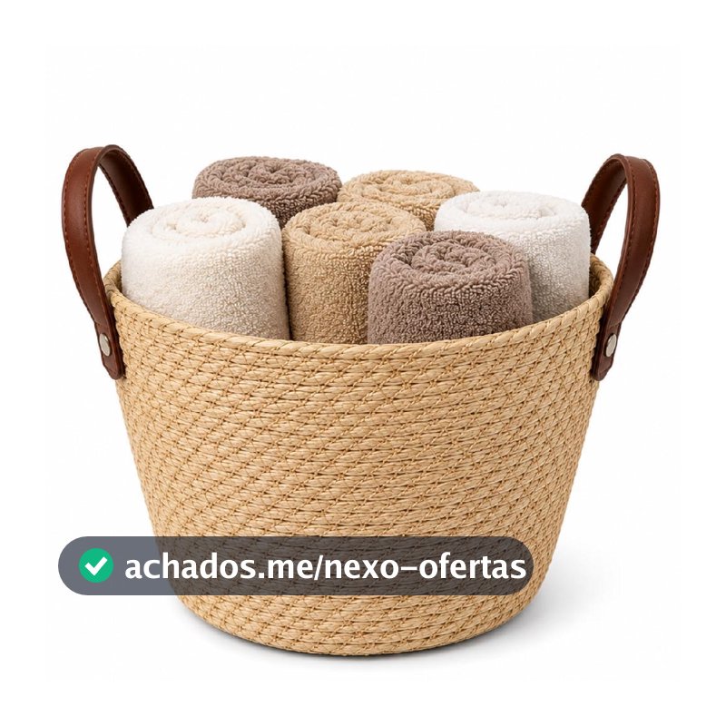 Cesto Organizador Fibra Natural Mocca Redondo 24cm C/ Alça Couro
