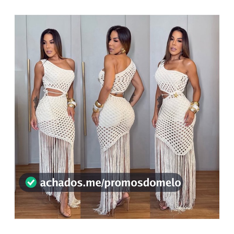 vestido sereia com calda de franjas branco /off whiter Um Ombro Só (Crochê vazado com franjas)
