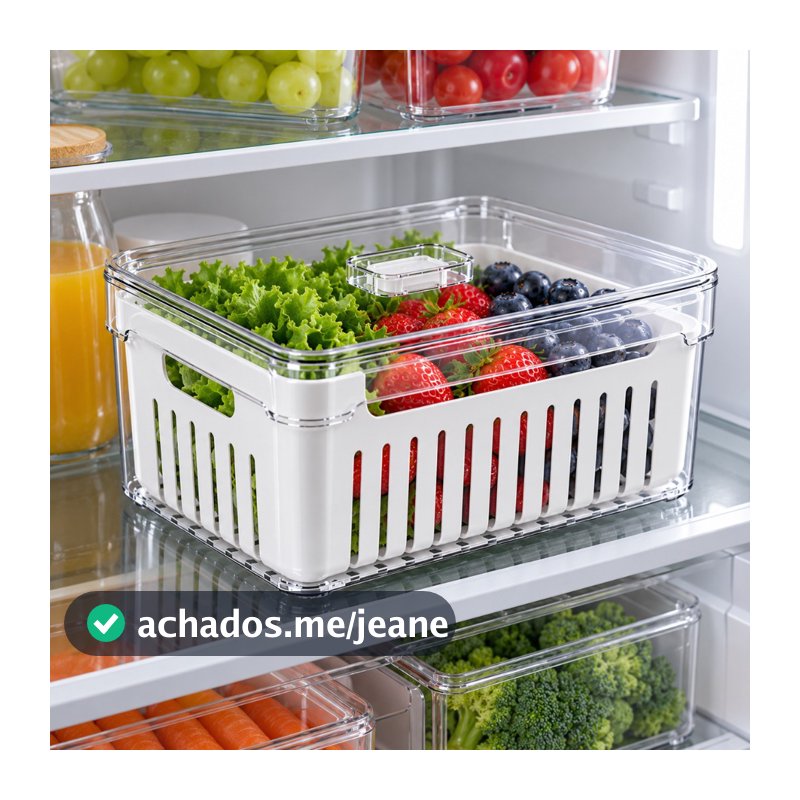 1 Organizador Geladeira 2,2L  Acrílico Transparente Cesto Drenagem Sem BPA Tampa Trava Fresh Frutas Legumes Verduras