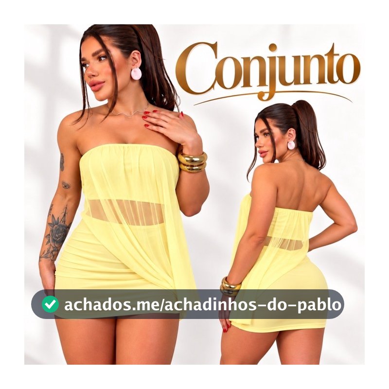 Conjunto Feminino Tule Transparente Saia Curta Justa Blusa Tomara Que Caia Look Festa Balada