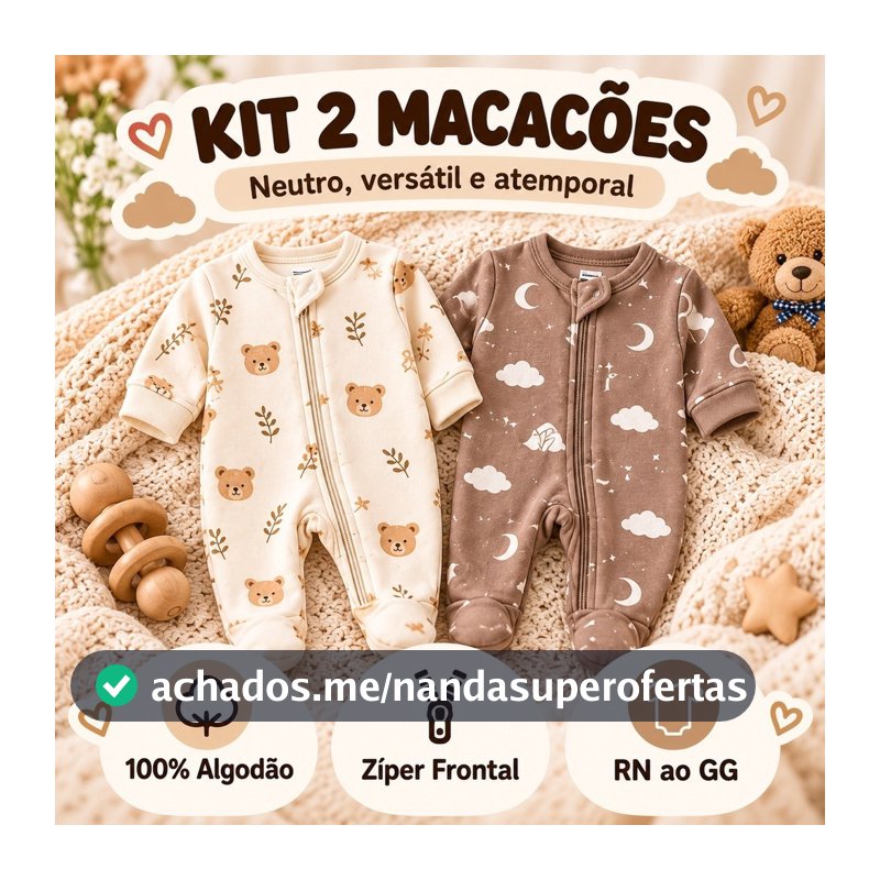 Kit 2 Macacão Bebê Com Zíper 100% Algodão