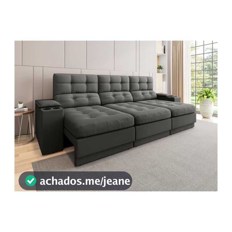 Sofá com Porta Copos e Carregador USB Eureka 2,30m Assento Retrátil e Reclinável Velosuede - NETSOFAS