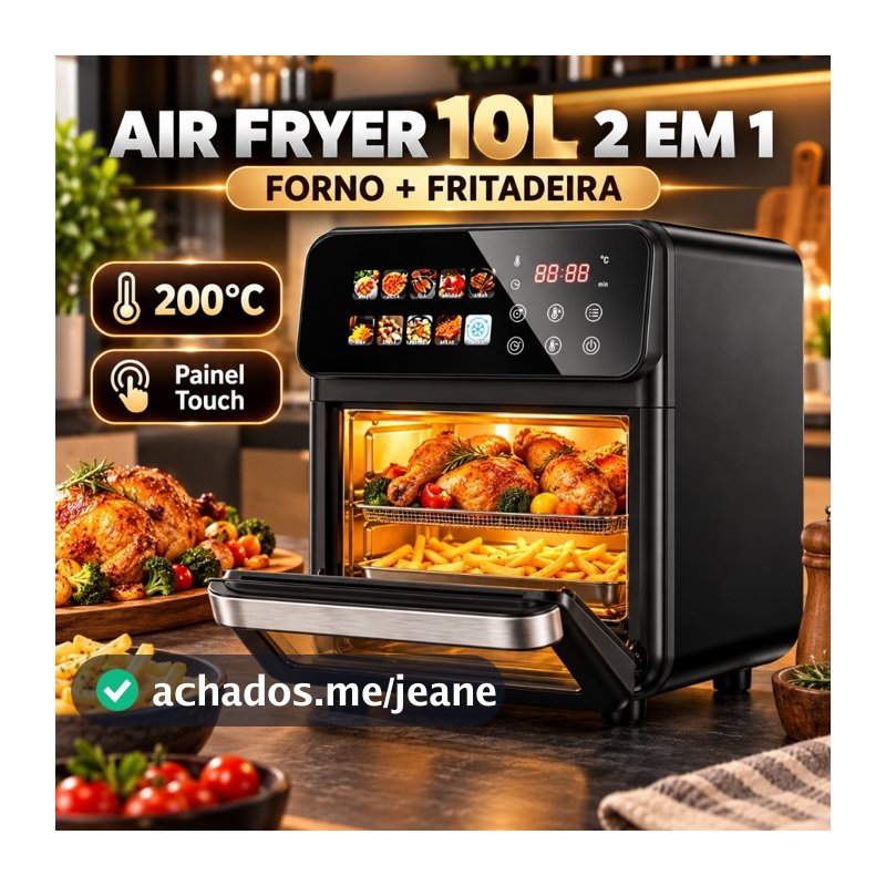 127V / 220V Air Fryer Forno Elétrica 10L 2 em 1 Sem Óleo | Fritadeira e Forno Multifuncional com Painel Touch, 10 Modos