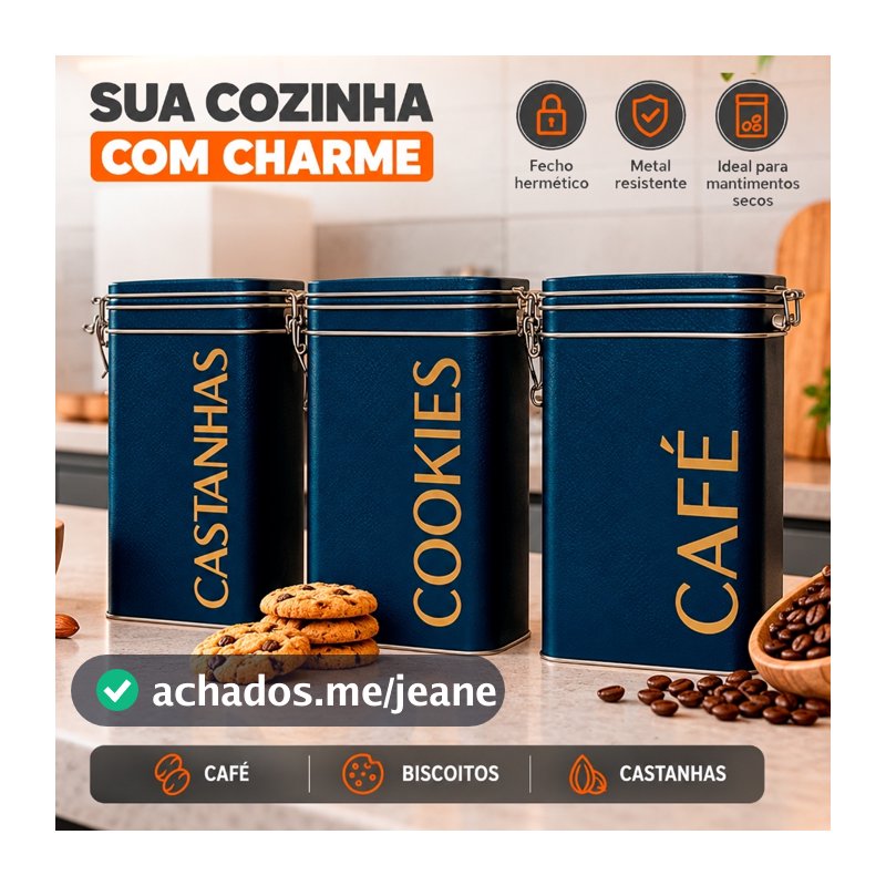 Kit 3 Potes de Metal Retrô Herméticos para Mantimentos – Café, Biscoitos e Nuts Armazenamento