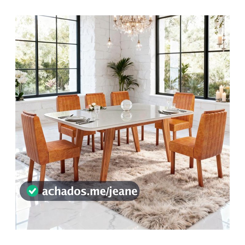 Sala de Jantar 180x90 Mavie MDF/Vidro 6 Cad. Eva Bom Pastor