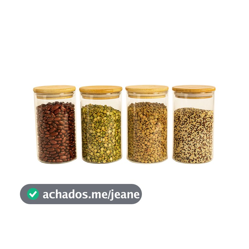 Kit 4 Potes De Vidro P/ Mantimentos 600ml c/ Tampa Bambu