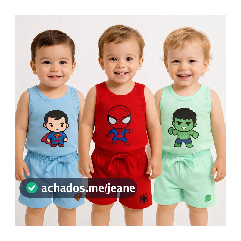 Conjunto Camiseta e Short Infantil Bebê 100% Algodão Menino Menina Personagens Super Heroi