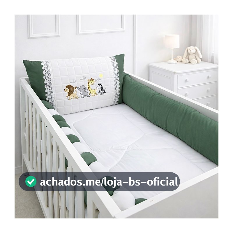 Kit Berço Verde Musgo Menino Safari - 100% 400 Fios - Confortável - Delicado - Lindo - Jogo Afeto 9 Peças