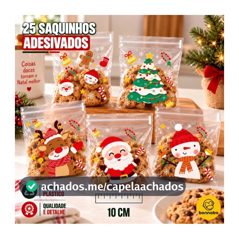 25 Saquinhos Adesivados de Natal 10 x10 para Doces Biscoitos Lembrancinhas Festa Natalina Embalagem.