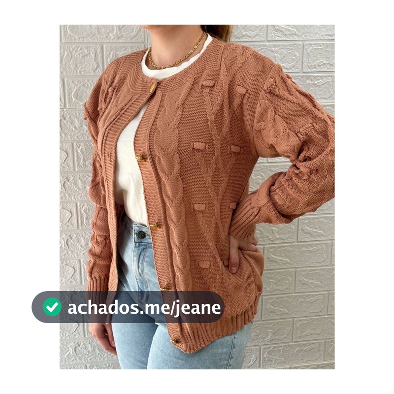 Casaco Feminino Tricot Cardigan Pompom e Tranças com Botões Dourados Casaco de Inverno Roupa de Frio