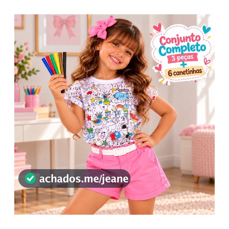 Conjunto Infantil Menina Rosa para Colorir 3 peças + 6 Canetinhas - Presente Dia das Crianças