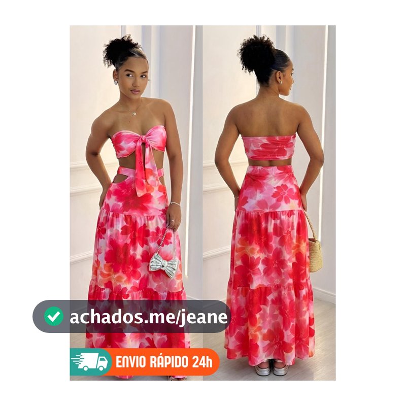 Conjunto Feminino Cropped com Bojo e Saia Longa com Aberturas Laterais Suede Estampado Moda Paty