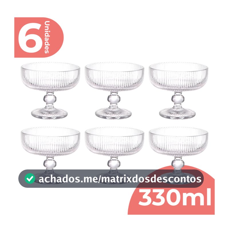 Jogo 6 Taça Sobremesa Vidro Sorvete Açai 330ml Canelado Luxo
