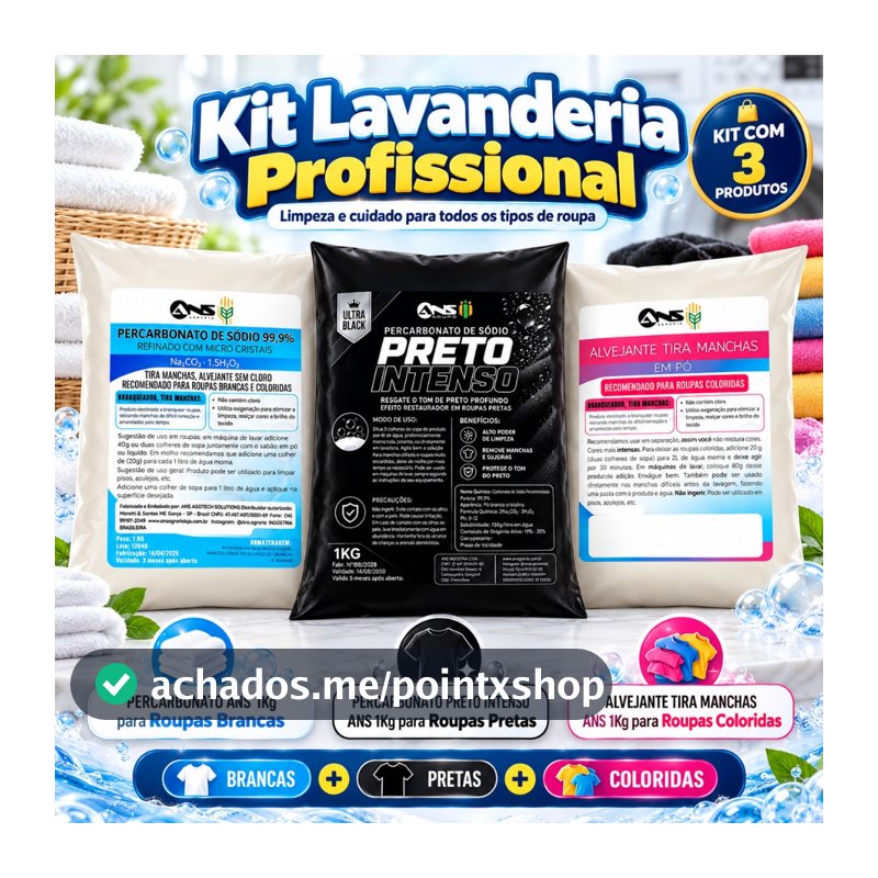 Kit Lavanderia Profissional Percarbonato ANS + Preto Intenso + Alvejante Tira Manchas Roupas Brancas Pretas Coloridas