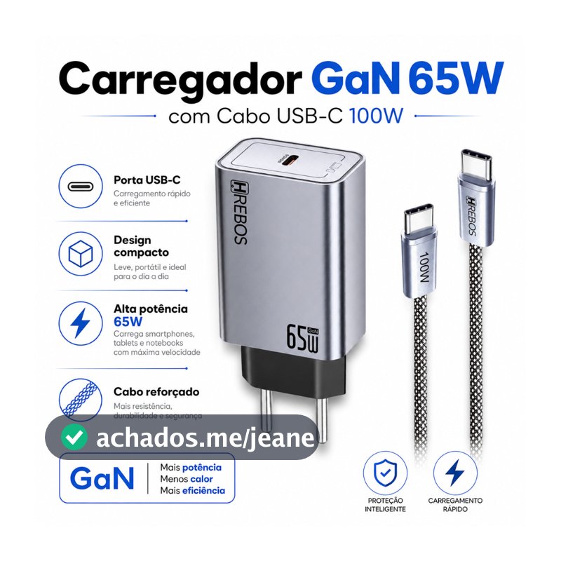 Carregador Celular Turbo 65W USB-C PD + Cabo Type-C Carga Rápida Carregador Rapido Gan