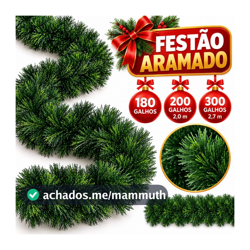 Festão Aramado Natal Verde Grosso Premium 180 200 300 galhos Natal Decoração Natalina 270CM Enfeite Árvore