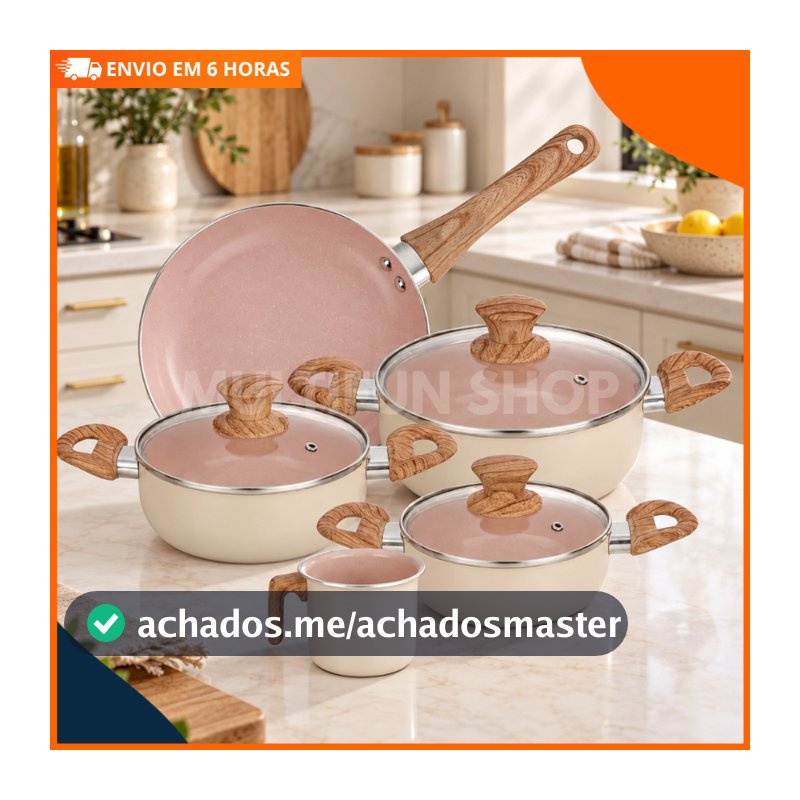 Jogo De Panelas Cerâmica 5 Peças Antiaderente Indução Cabos Toque Amadeirado Kit Cozinha Completa Saudável Premium Luxo