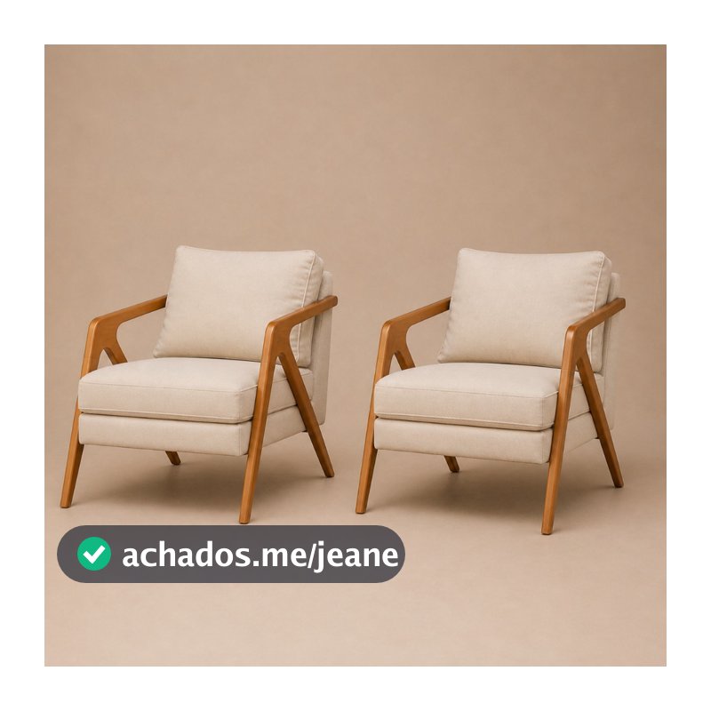 Kit 2 Poltrona Decorativa Conjunto Mona Luxo Sala Recepção Escritório Pés Madeira Em Maciça Linho Bege