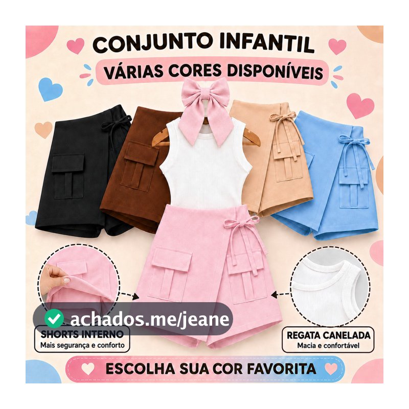 Conjunto Infantil Feminino Saia Shorts e Blusa Regata Casual Elegante Moda Meninas Juvenil Colorido Tamanho 2 ao 10