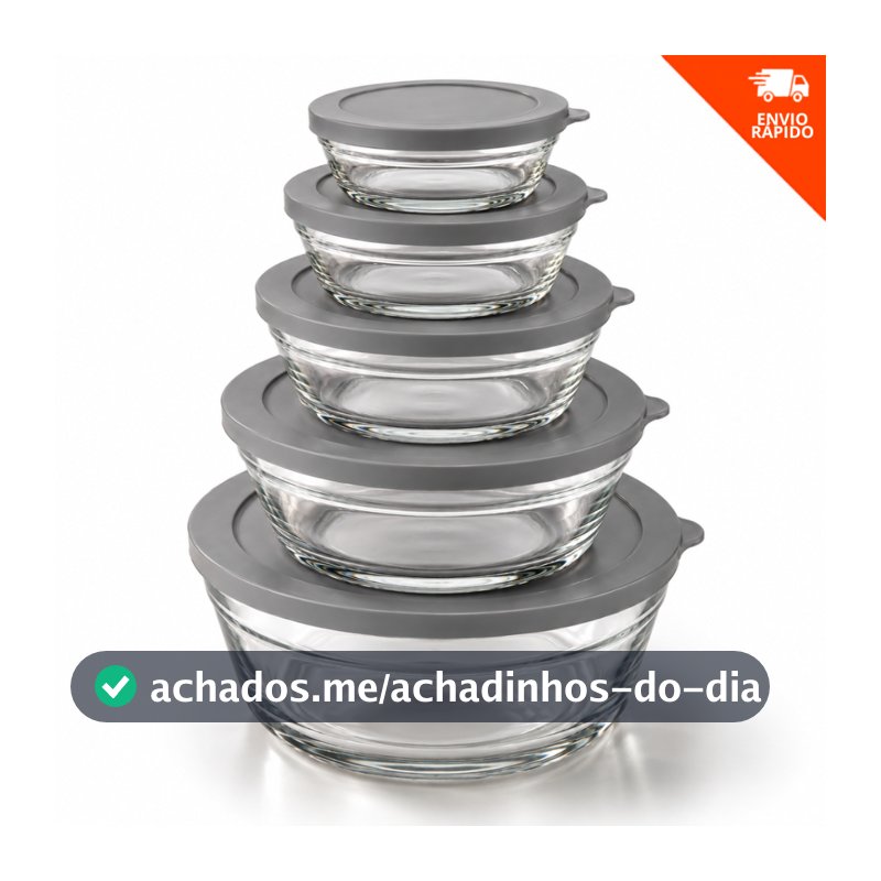 Conjunto 5 Potes de Vidro com Tampa Cinza Tigelas para Alimentos Cozinha Geladeira e Freezer Vista Home