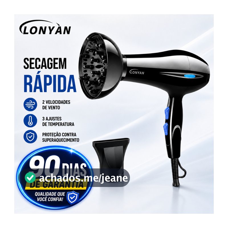 Secador Profissional com Difusor 127V ou 220V 5 Temperaturas Turbo Íons Negativos Secagem Rápida Anti-Frizz LONYAN 8020