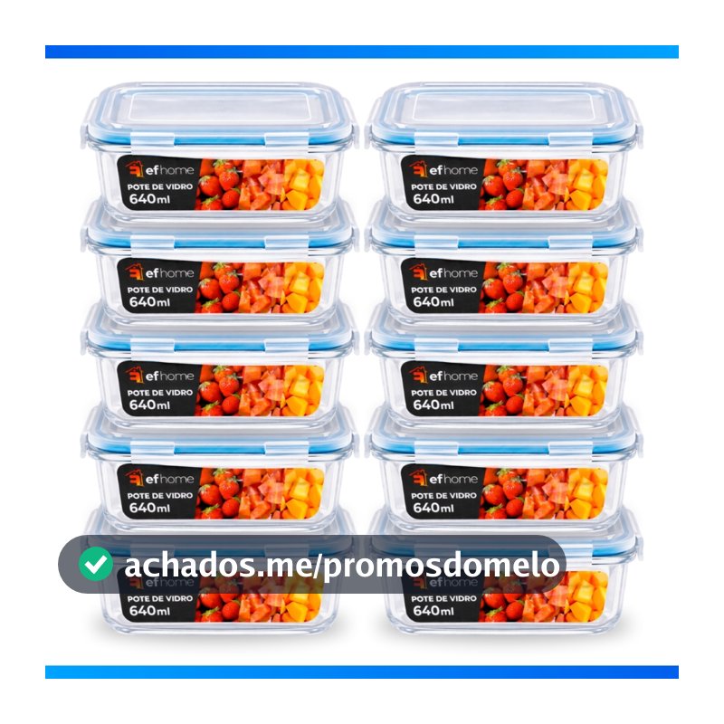 Kit 10 OU 5 Pote de Vidro Hermético Retangular 4 Travas Marmita Fit Microondas Mantimentos - FULL!