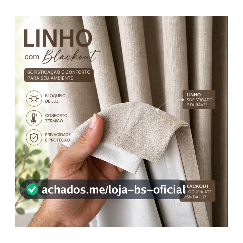 Cortina Blackout com Linho Premium 95% Bloqueio Luz Solar e Ilhós Cromados