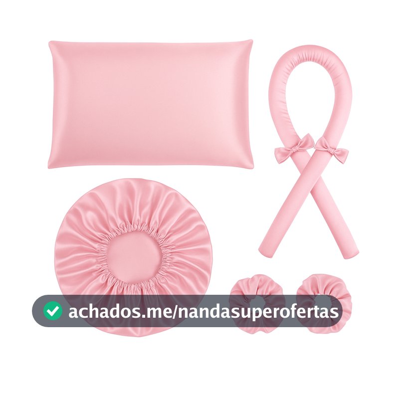 kit cetim anti frizz touca cetim + modelador sem calor curling rod + fronha