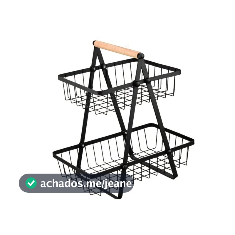 Fruteira Cesto Organizador 2 Andares Preto Metal Aramado Alça Madeira Cozinha Mesa