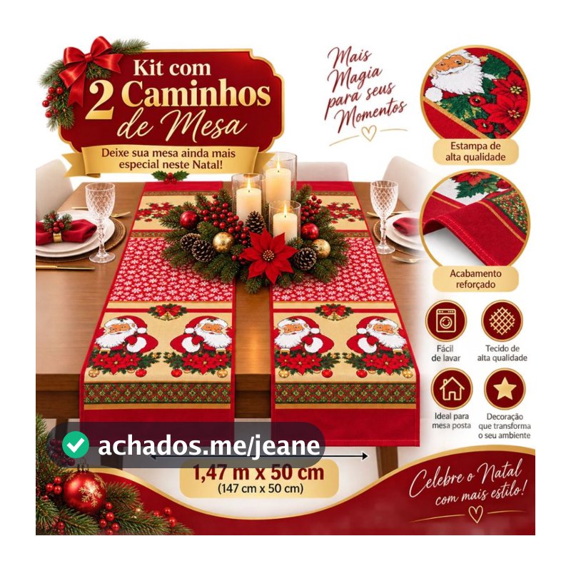 Kit 2 ou 1 Caminho de Mesa Natalinos Estampados – Decoração de Natal para Mesa Posta Elegante