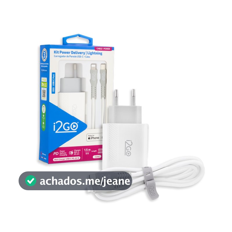 Kit Carregador de Parede Turbo 20w Saída USB C + Cabo Lightinng i2GO Certificado MFI iPhone 5 ate 14