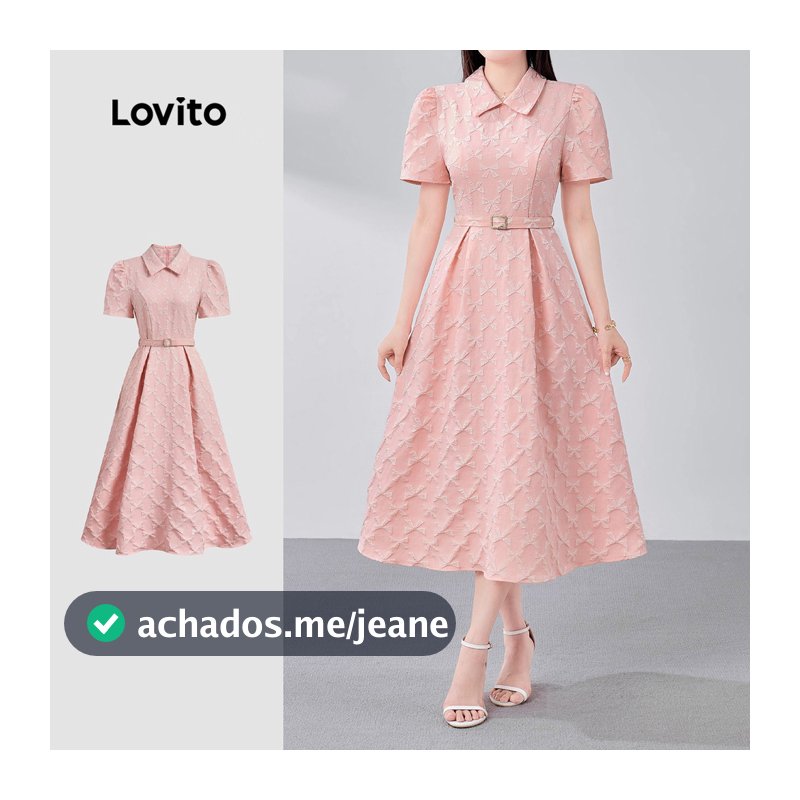 Lovito Rosa Vestido Midi Clássico E Versátil Em Jacquard Com Mangas Curtas E Gola De Palha Para O Dia a Dia Na Primavera/verão Para Mulheres LR18E122